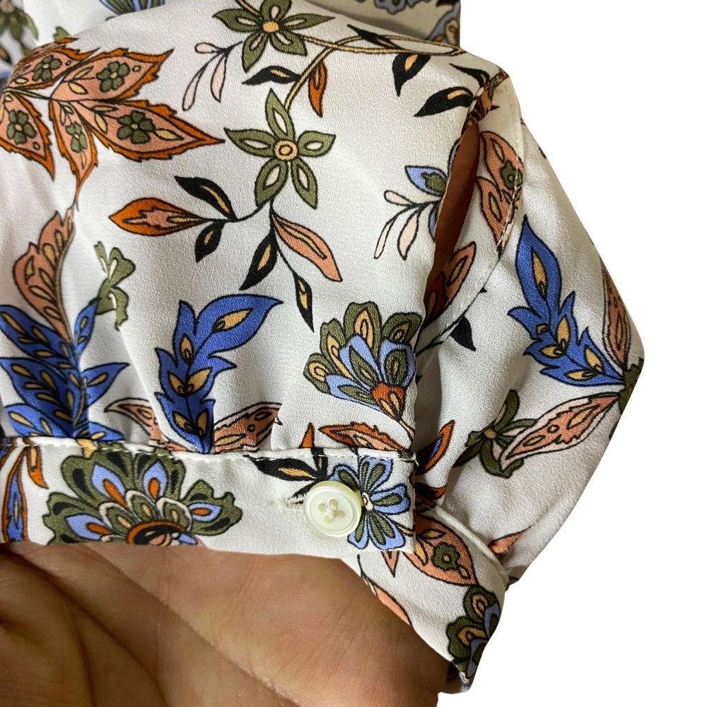 LOFT Womens XL Floral Paisley Pintuck Ruffle Neck Keyhole Back Blouse White Blue - Picture 5 of 12